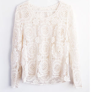 Crochet Looking White Ornate Lace Long Sleeve Top Blouse Small Solitaire S
